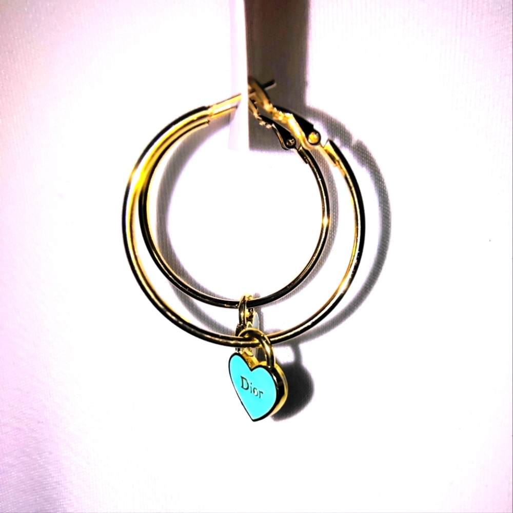 Dior Blue Heart Zipper Pull Pendants/14k Gold Plated Hoops - Picture 4 of 5